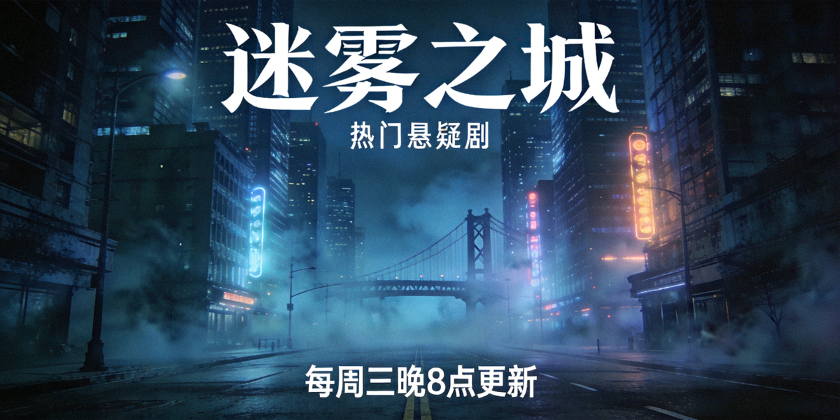 热门悬疑剧《迷雾之城》电视剧海报 - 城市夜景与迷雾氛围